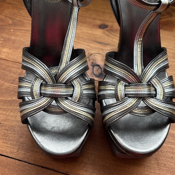 Yves Saint Laurent | Leather Metallic Silver and Gold Tribute Platform Sandals - Picture 6 of 15
